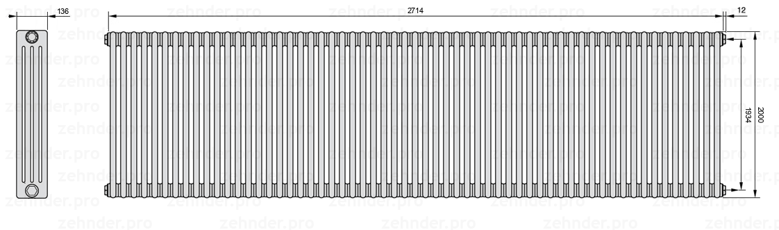 Схема (чертеж) Радиатор Zehnder Charleston 4200/59 №7610 Белый глянцевый RAL 9016